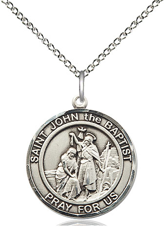 Sterling Silver Saint John the Baptist Pendant on a 18 inch Sterling Silver Light Curb chain