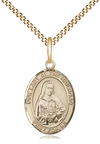 14kt Gold Filled Our Lady of the Railroad Pendant on a 18 inch Gold Plate Light Curb chain