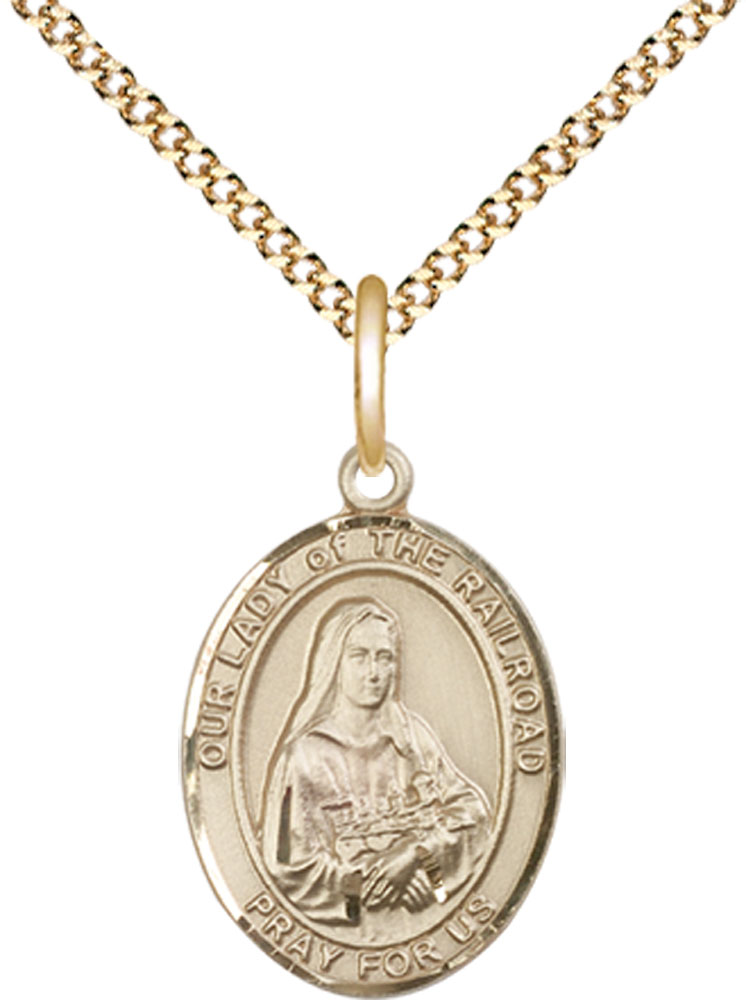 14kt Gold Filled Our Lady of the Railroad Pendant on a 18 inch Gold Plate Light Curb chain