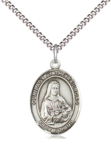 Sterling Silver Our Lady of the Railroad Pendant on a 18 inch Light Rhodium Light Curb chain