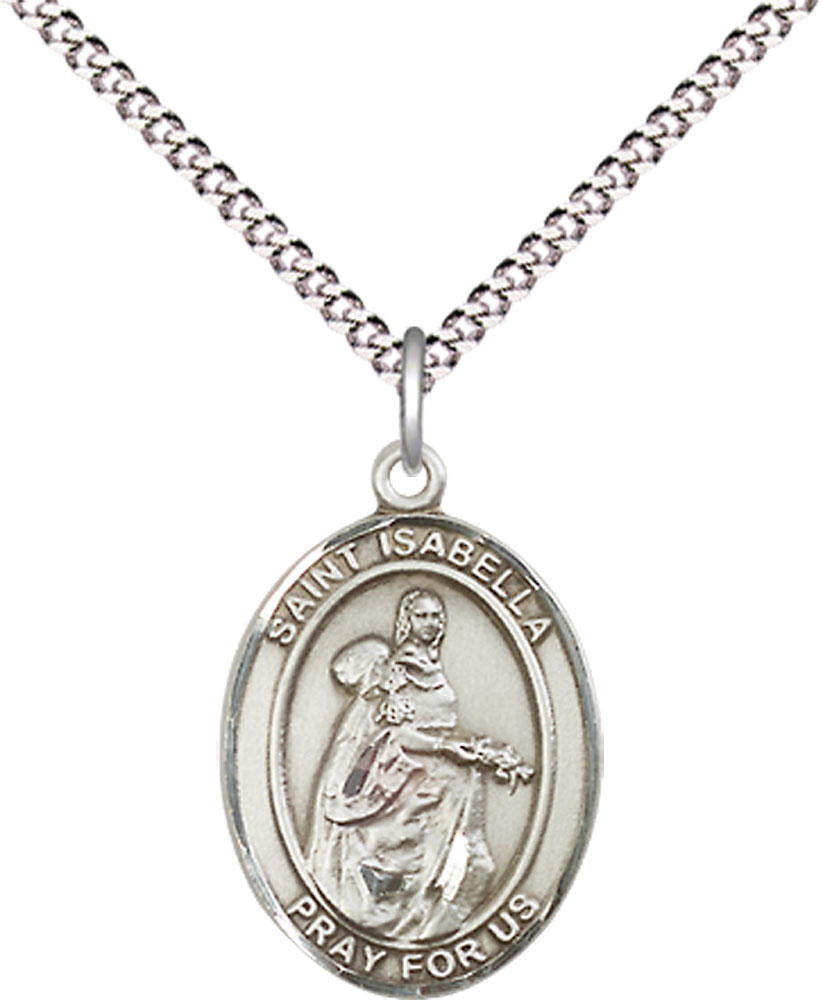 Sterling Silver Saint Isabella of Portugal Pendant on a 18 inch Light Rhodium Light Curb chain