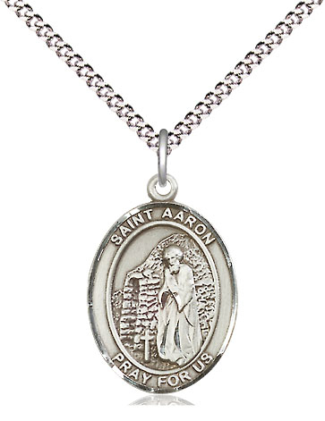 Sterling Silver Saint Aaron Pendant on a 18 inch Light Rhodium Light Curb chain