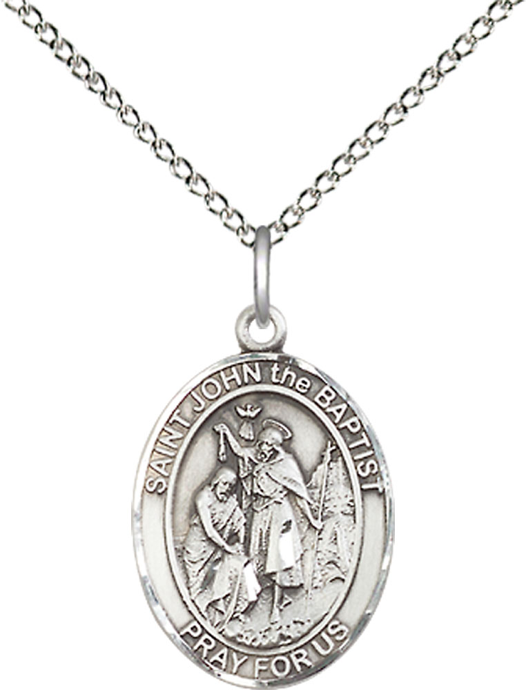 Sterling Silver Saint John the Baptist Pendant on a 18 inch Sterling Silver Light Curb chain