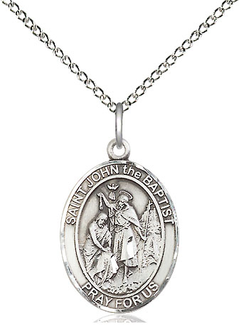 Sterling Silver Saint John the Baptist Pendant on a 18 inch Sterling Silver Light Curb chain