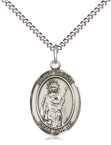 Sterling Silver Saint Grace Pendant on a 18 inch Light Rhodium Light Curb chain