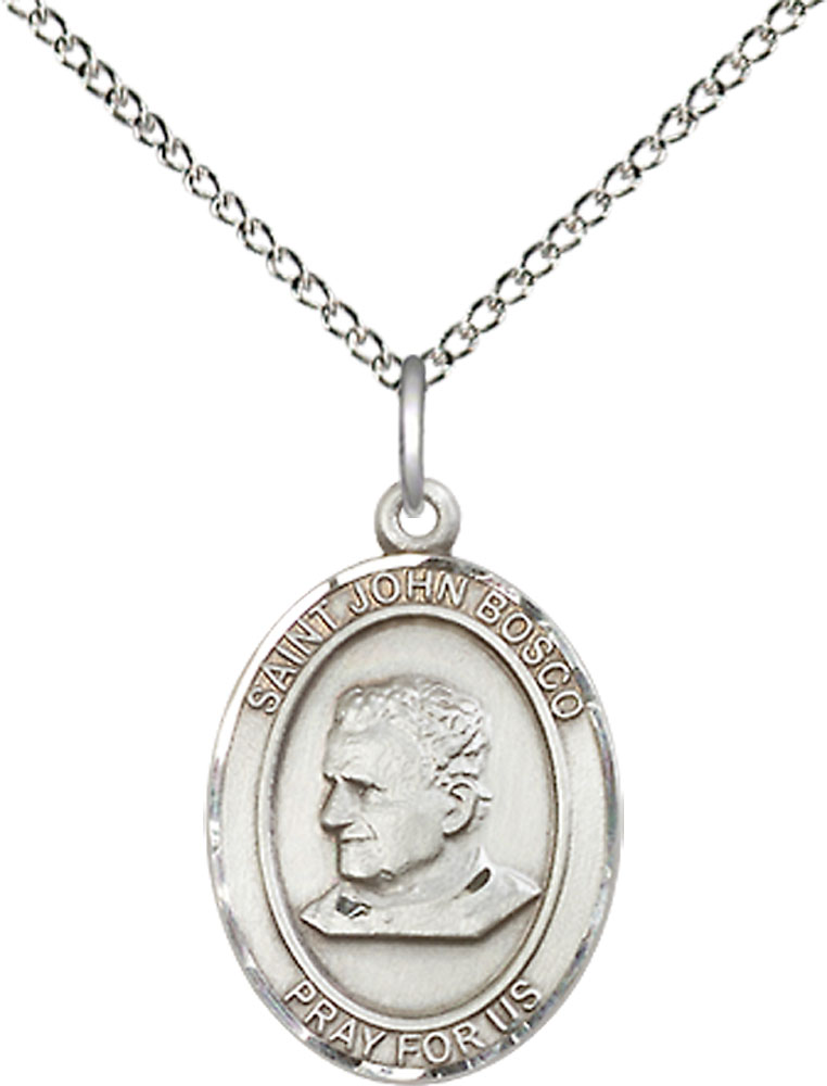 Sterling Silver Saint John Bosco Pendant on a 18 inch Sterling Silver Light Curb chain