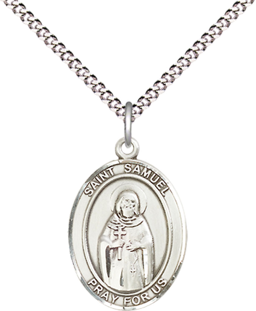 Sterling Silver Saint Samuel Pendant on a 18 inch Light Rhodium Light Curb chain