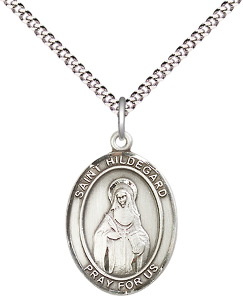 Sterling Silver Saint Hildegard von Bingen Pendant on a 18 inch Light Rhodium Light Curb chain