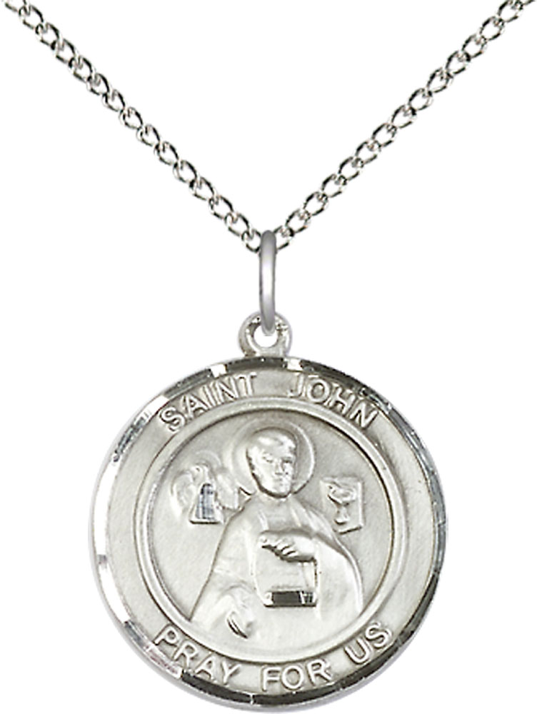 Sterling Silver Saint John the Apostle Pendant on a 18 inch Sterling Silver Light Curb chain
