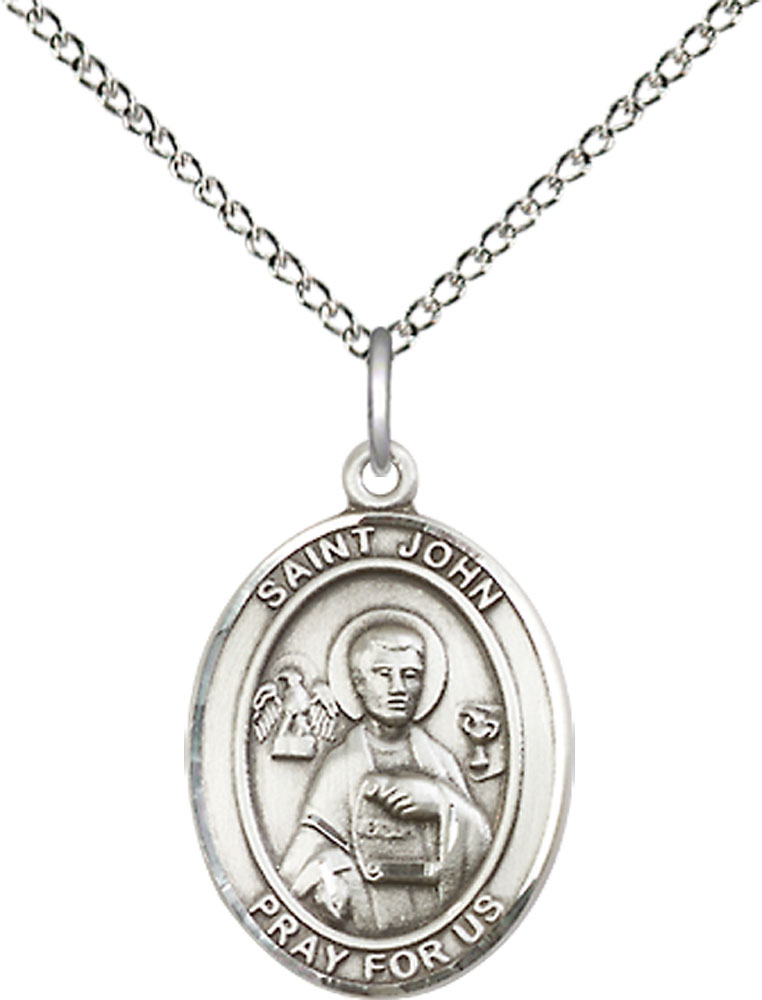 Sterling Silver Saint John the Apostle Pendant on a 18 inch Sterling Silver Light Curb chain