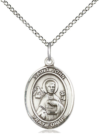 Sterling Silver Saint John the Apostle Pendant on a 18 inch Sterling Silver Light Curb chain