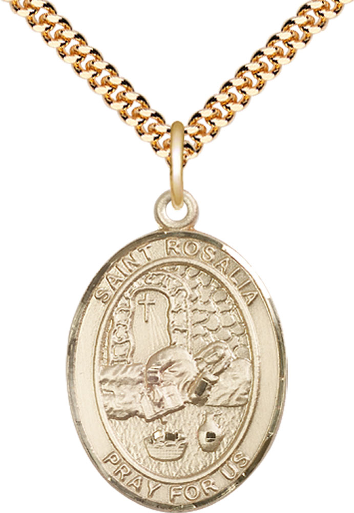 14kt Gold Filled Saint Rosalia Pendant on a 24 inch Gold Plate Heavy Curb chain