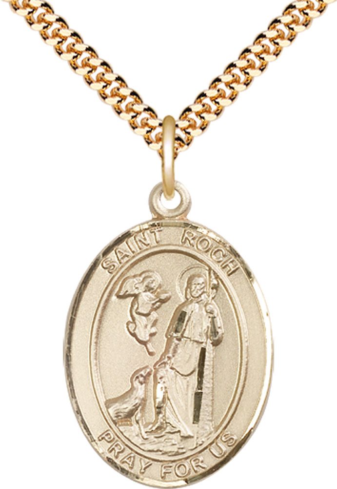 14kt Gold Filled Saint Roch Pendant on a 24 inch Gold Plate Heavy Curb chain