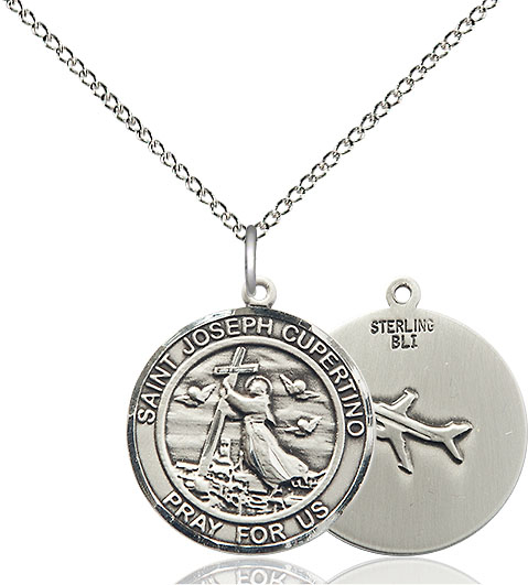 Sterling Silver Saint Joseph of Cupertino Pendant on a 18 inch Sterling Silver Light Curb chain