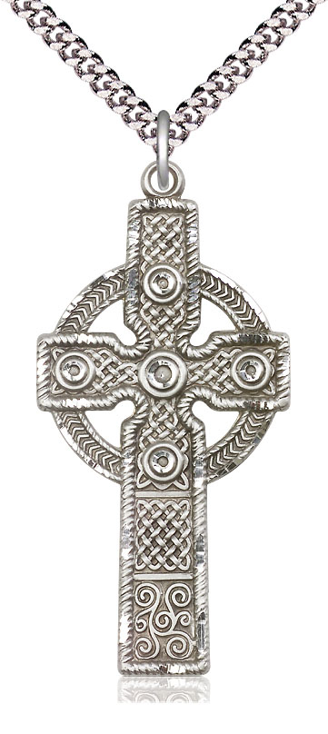 Sterling Silver Kilklispeen Cross Pendant on a 24 inch Light Rhodium Heavy Curb chain