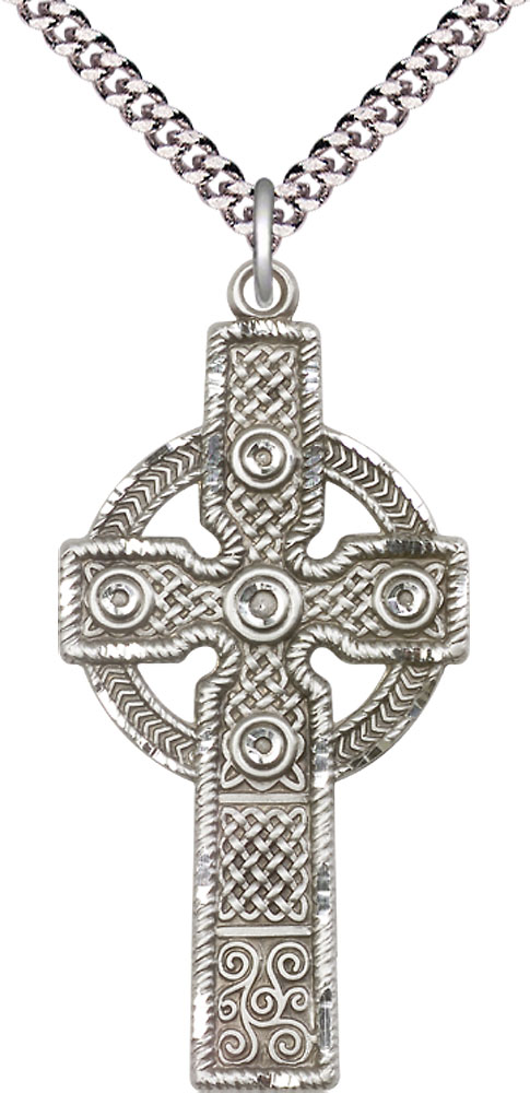 Sterling Silver Kilklispeen Cross Pendant on a 24 inch Light Rhodium Heavy Curb chain