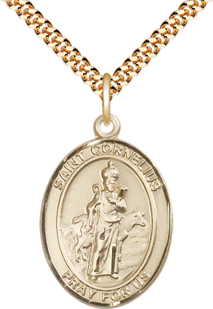 14kt Gold Filled Saint Cornelius Pendant on a 24 inch Gold Plate Heavy Curb chain