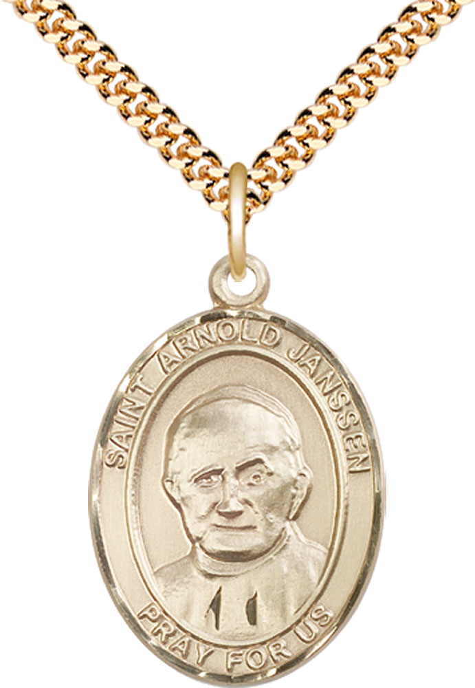 14kt Gold Filled Saint Arnold Janssen Pendant on a 24 inch Gold Plate Heavy Curb chain