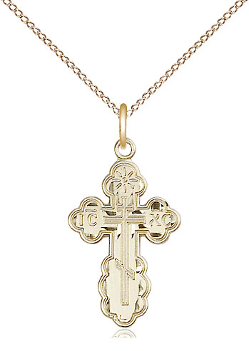 14kt Gold Filled Saint Olga Cross Pendant on a 18 inch Gold Filled Light Curb chain