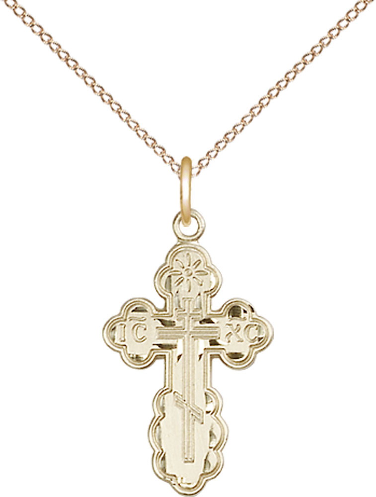 14kt Gold Filled Saint Olga Cross Pendant on a 18 inch Gold Filled Light Curb chain