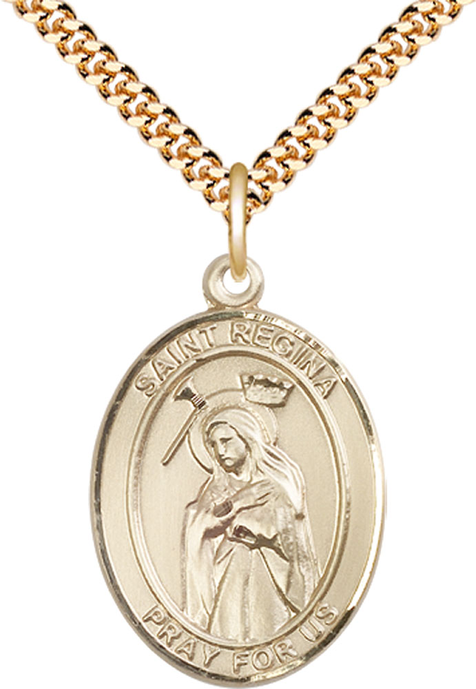 14kt Gold Filled Saint Regina Pendant on a 24 inch Gold Plate Heavy Curb chain