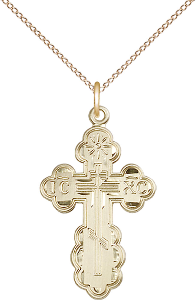 14kt Gold Filled Saint Olga Cross Pendant on a 18 inch Gold Filled Light Curb chain