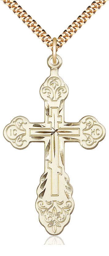 14kt Gold Filled Vladimir Cross Pendant on a 24 inch Gold Plate Heavy Curb chain