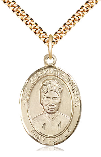 14kt Gold Filled Saint Josephine Bakhita Pendant on a 24 inch Gold Plate Heavy Curb chain