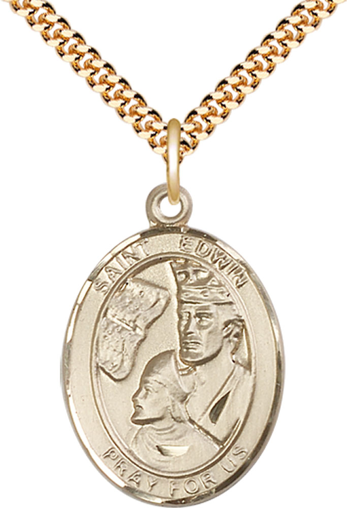 14kt Gold Filled Saint Edwin Pendant on a 24 inch Gold Plate Heavy Curb chain