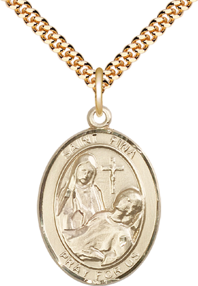 14kt Gold Filled Saint Fina Pendant on a 24 inch Gold Plate Heavy Curb chain