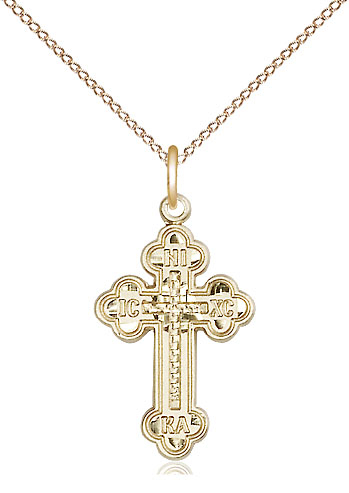 14kt Gold Filled Russian Cross Pendant on a 18 inch Gold Filled Light Curb chain