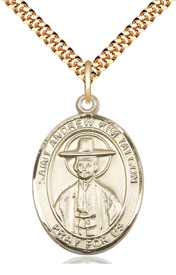 14kt Gold Filled Saint Andrew Kim Taegon Pendant on a 24 inch Gold Plate Heavy Curb chain