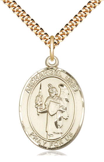 14kt Gold Filled Saint Uriel the Archangel Pendant on a 24 inch Gold Plate Heavy Curb chain