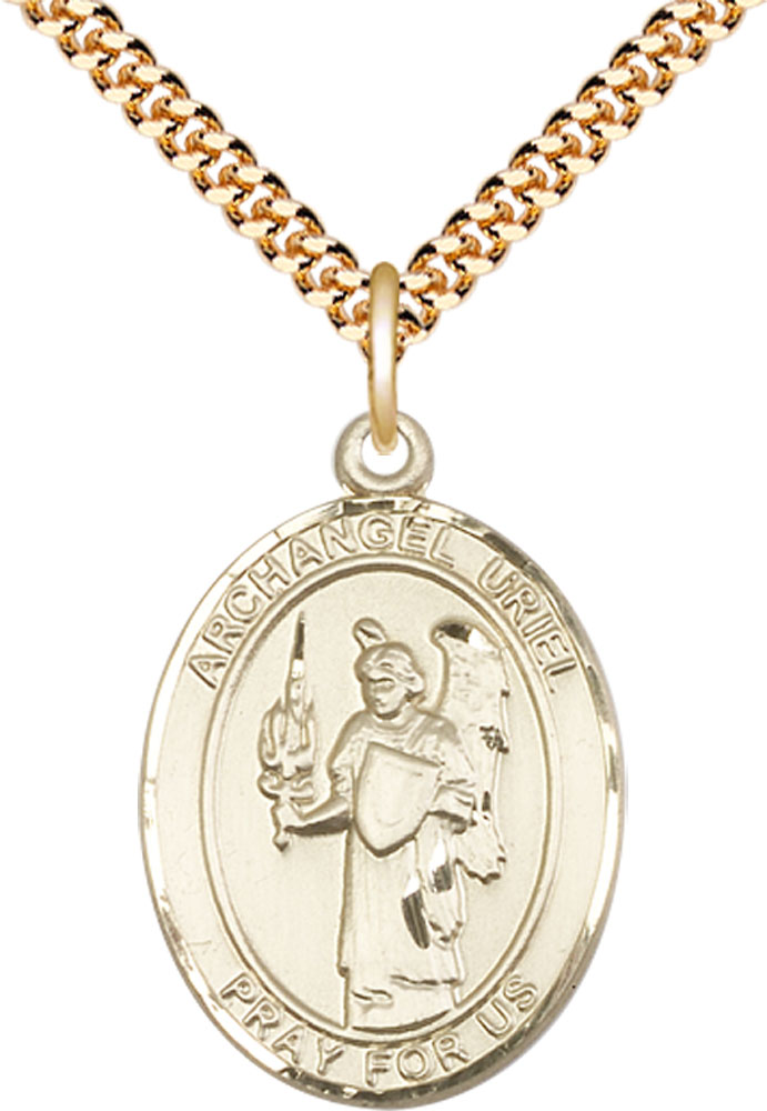 14kt Gold Filled Saint Uriel the Archangel Pendant on a 24 inch Gold Plate Heavy Curb chain