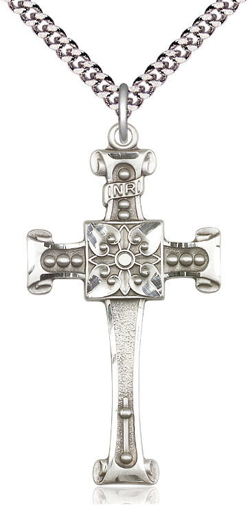 Sterling Silver Cross Pendant on a 24 inch Light Rhodium Heavy Curb chain