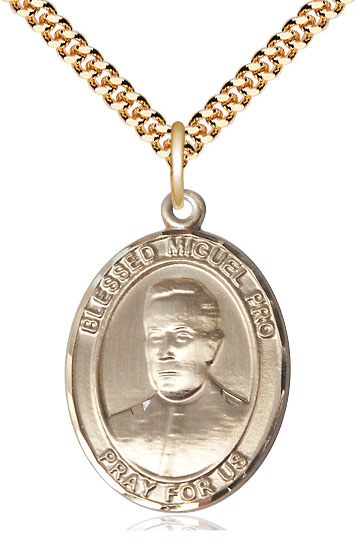 14kt Gold Filled Blessed Miguel Pro Pendant on a 24 inch Gold Plate Heavy Curb chain