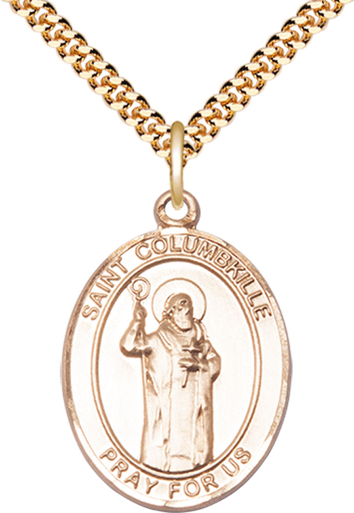 14kt Gold Filled Saint Columbkille Pendant on a 24 inch Gold Plate Heavy Curb chain