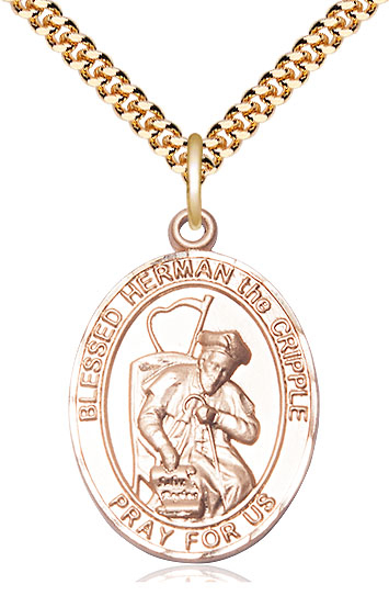 14kt Gold Filled Blessed Herman the Cripple Pendant on a 24 inch Gold Plate Heavy Curb chain