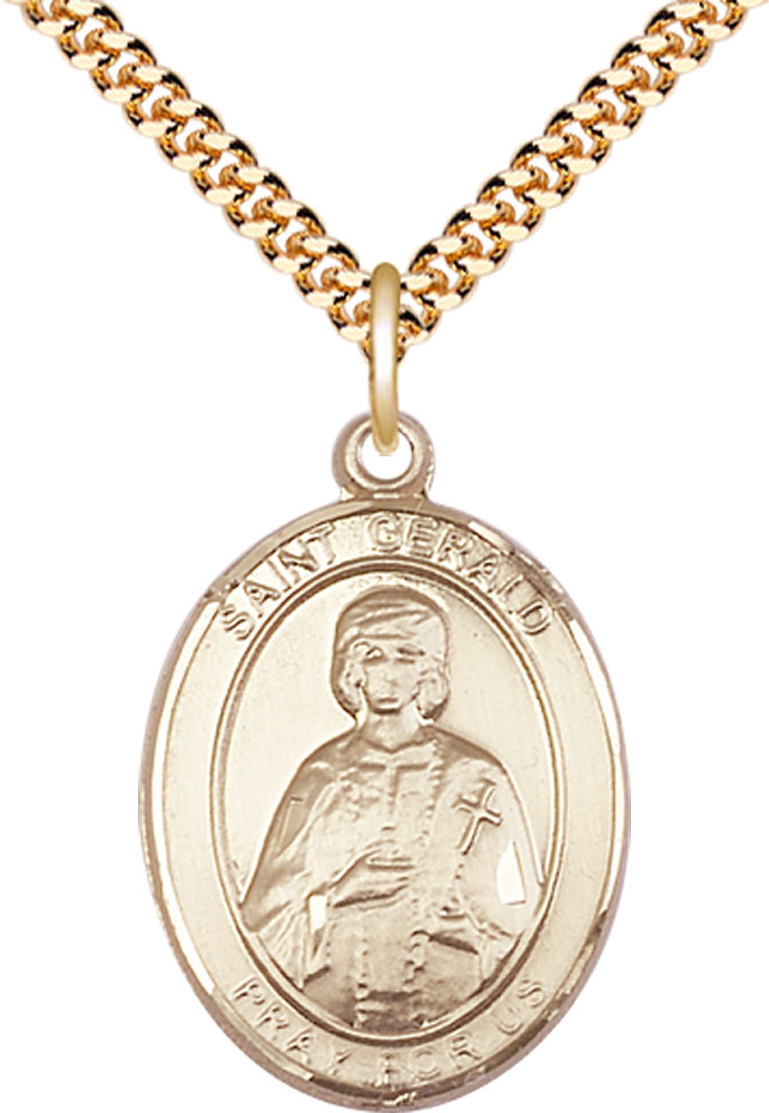 14kt Gold Filled Saint Gerald Pendant on a 24 inch Gold Plate Heavy Curb chain
