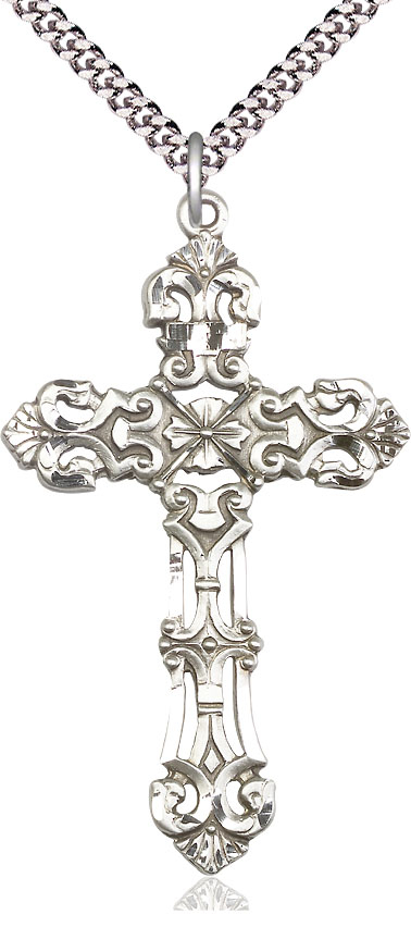 Sterling Silver Cross Pendant on a 24 inch Light Rhodium Heavy Curb chain