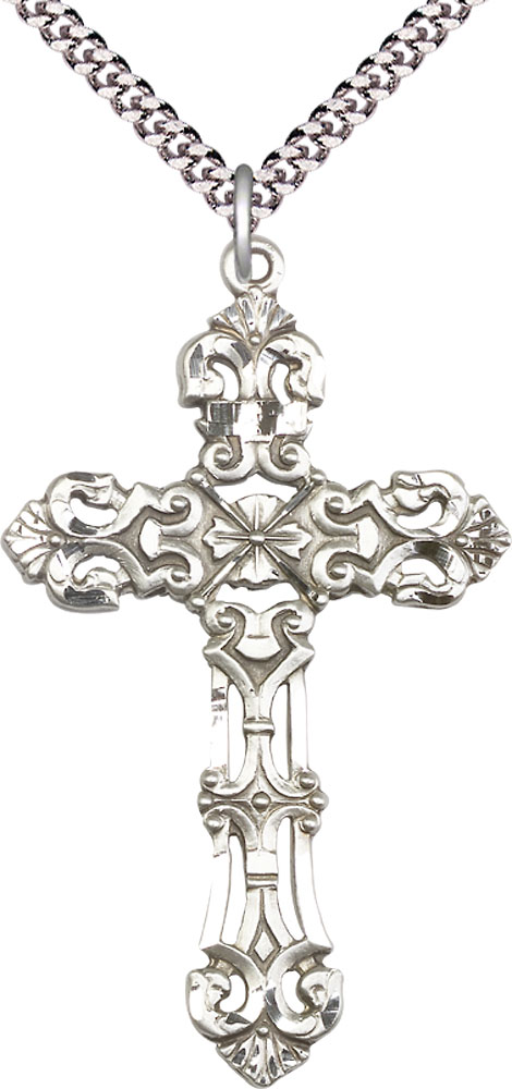 Sterling Silver Cross Pendant on a 24 inch Light Rhodium Heavy Curb chain