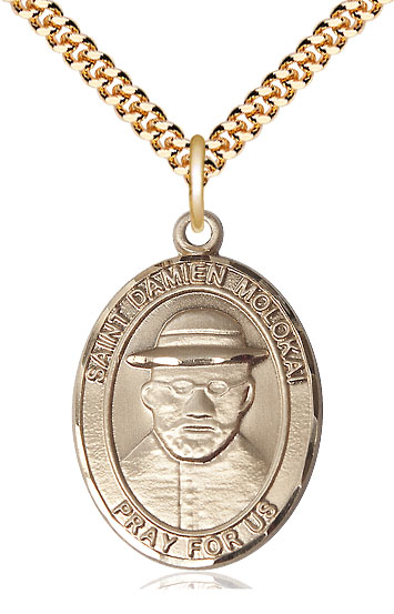 14kt Gold Filled Saint Damien of Molokai Pendant on a 24 inch Gold Plate Heavy Curb chain