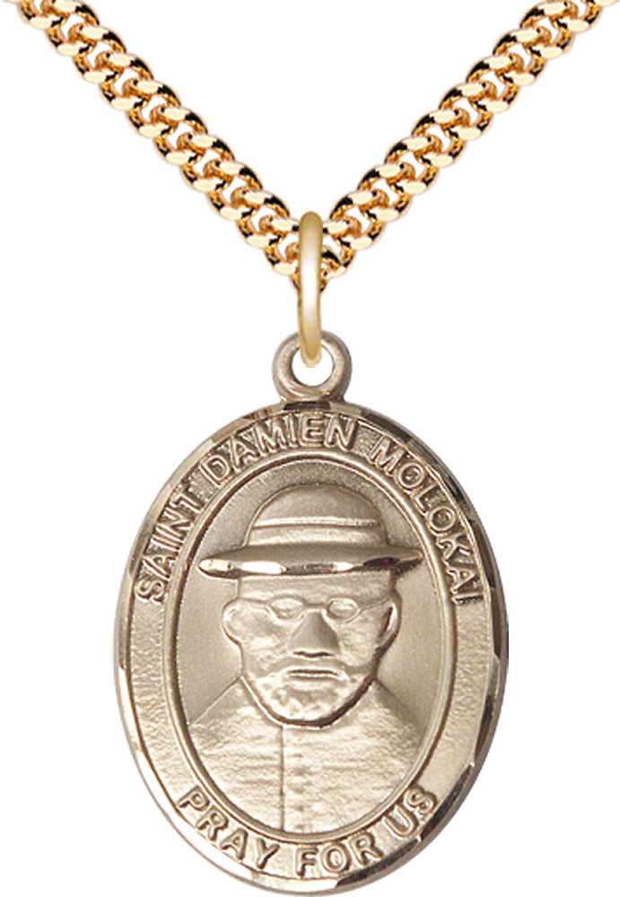 14kt Gold Filled Saint Damien of Molokai Pendant on a 24 inch Gold Plate Heavy Curb chain