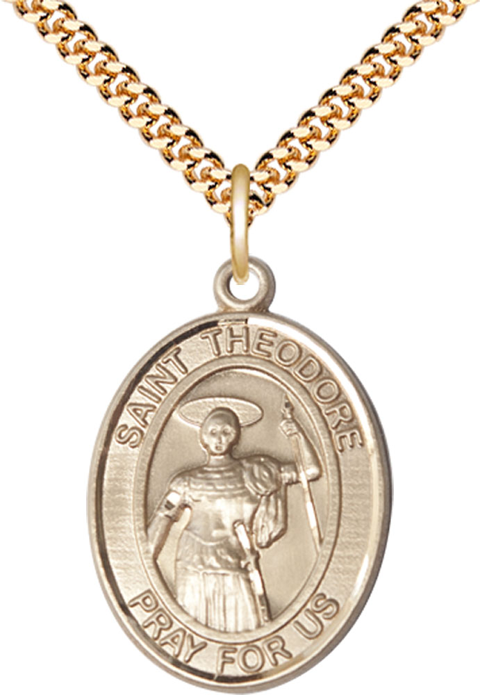 14kt Gold Filled Saint Theodore Stratelates Pendant on a 24 inch Gold Plate Heavy Curb chain