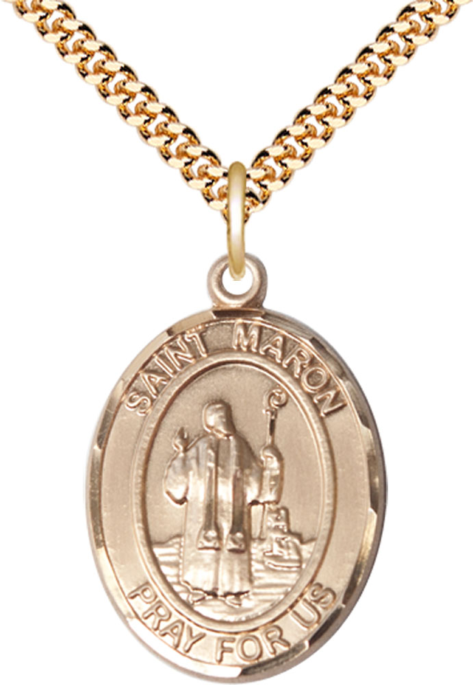 14kt Gold Filled Saint Maron Pendant on a 24 inch Gold Plate Heavy Curb chain