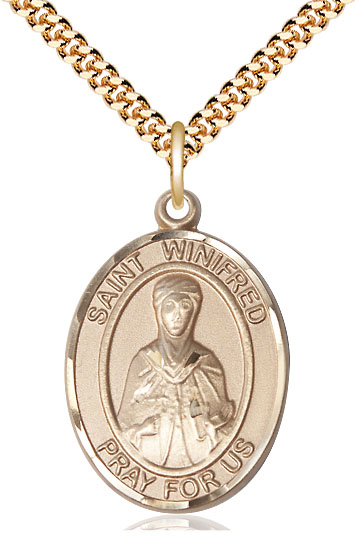 14kt Gold Filled Saint Winifred of Wales Pendant on a 24 inch Gold Plate Heavy Curb chain