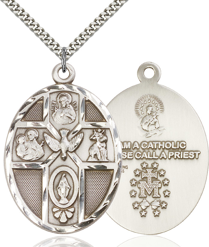 Sterling Silver 5-Way Holy Spirit Pendant on a 24 inch Light Rhodium Heavy Curb chain