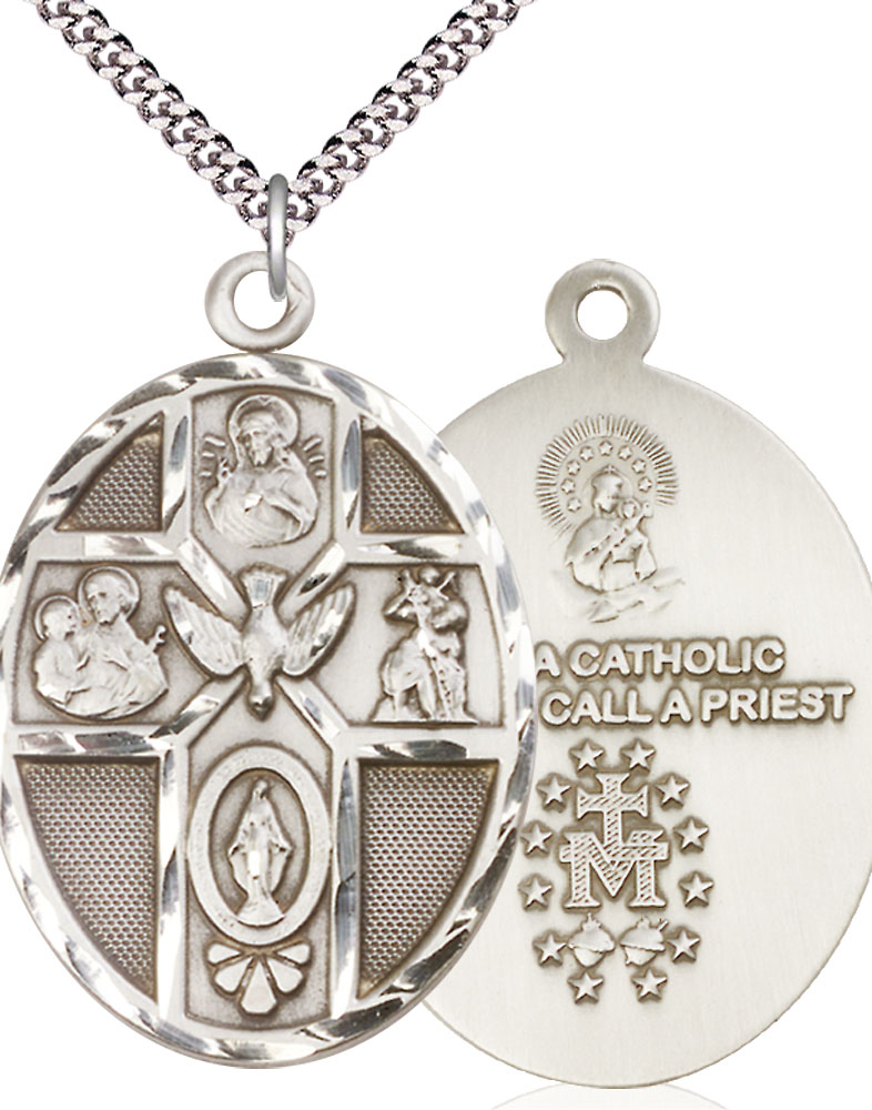 Sterling Silver 5-Way Holy Spirit Pendant on a 24 inch Light Rhodium Heavy Curb chain