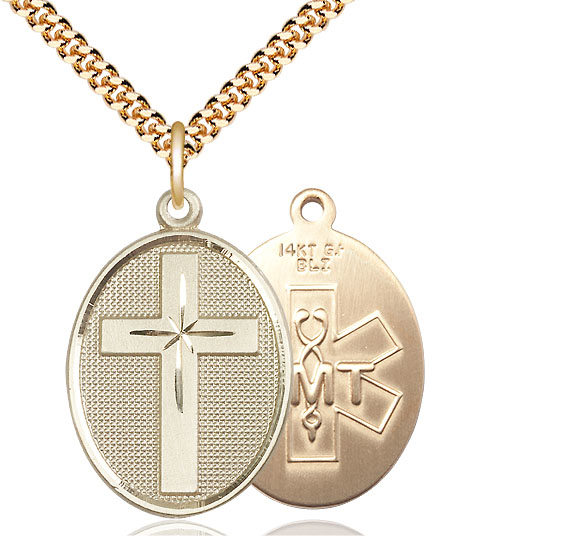 14kt Gold Filled Cross EMT Pendant on a 24 inch Gold Plate Heavy Curb chain