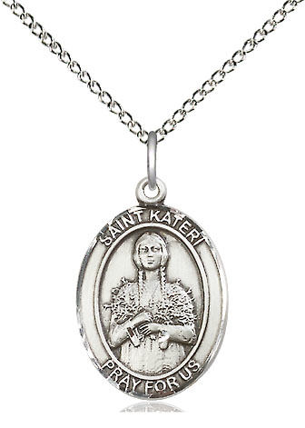 Sterling Silver Saint Kateri Pendant on a 18 inch Sterling Silver Light Curb chain
